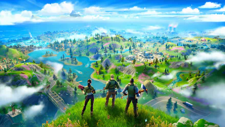 4K Ultra HD Fortnite PC wallpaper showing three characters overlooking a vibrant, expansive island landscape under a bright blue sky.