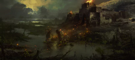 Dark, eerie townscape from Diablo IV, featuring burning structures and a swampy environment, rendered in high-definition for PC desktop wallpaper and background.