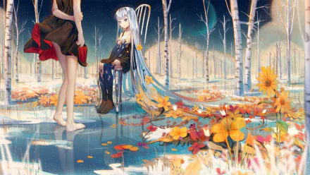 HD anime original desktop wallpaper depicting two girls in a serene birch forest with vibrant orange flowers and reflective water under a twilight sky.