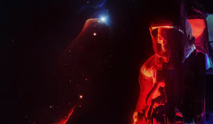 Dark Sci‑Fi 2K Quad HD PC desktop wallpaper and background: glowing red astronaut with a skull-like helmet drifting against stars and a nebula.