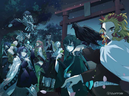 HD desktop wallpaper of the Demon Slayer: Kimetsu no Yaiba characters including Tengen Uzui, Shinobu Kochou, Sanemi Shinazugawa, Obanai Iguro, Muichiro Tokito, Mitsuri Kanroji, Kyojuro Rengoku, Gyomei Himejima, and Giyuu Tomioka.