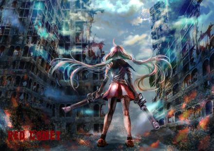 Anime-style original HD PC desktop wallpaper depicting a lone figure with long hair and dual guns standing amidst a ruined, post-apocalyptic cityscape under a cloudy sky.