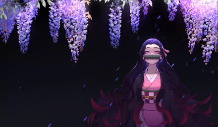 HD desktop wallpaper featuring Nezuko Kamado from the anime Demon Slayer: Kimetsu no Yaiba, standing beneath cascading purple flowers, with a serene background.