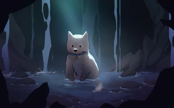 Sven (Minecraft) sits in a moonlit cave pool, soft beams highlighting his collar — 2K Quad HD PC desktop wallpaper and background from the video game Minecraft.