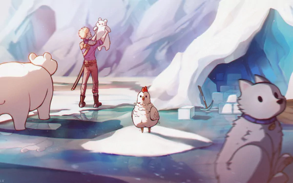 HD PC desktop wallpaper featuring Sven from Minecraft standing on icy terrain with animals including a polar bear, chicken, and wolf in a snowy video game setting.