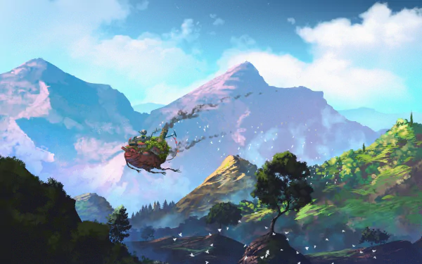Anime HD PC desktop wallpaper featuring Howl's Moving Castle flying over lush green hills with towering mountains and a bright blue sky in the background.