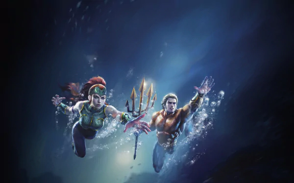 4K Ultra HD wallpaper featuring DC Comics’ Mera and Aquaman from Justice League: Throne of Atlantis, depicted underwater with dynamic poses and glowing effects.