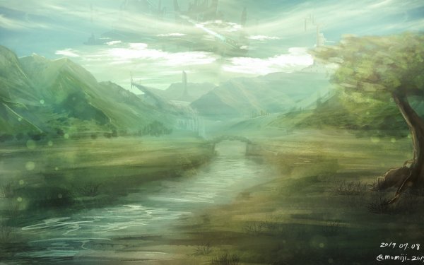 Anime Original Tree River Landscape HD Wallpaper | Background Image