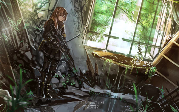UMP9 from the video game Girls Frontline stands armed in a sunlit, overgrown abandoned room, featured in an HD PC desktop wallpaper and background.