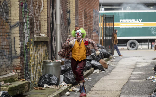 Joaquin Phoenix as the Joker in a gritty urban alley, captured in a 4K Ultra HD DC Comics movie wallpaper background.