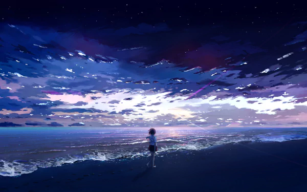 Anime-style image of a student in a school uniform standing on a beach at sunset, with waves gently rolling in and a sky filled with dramatic clouds. HD desktop wallpaper and background.