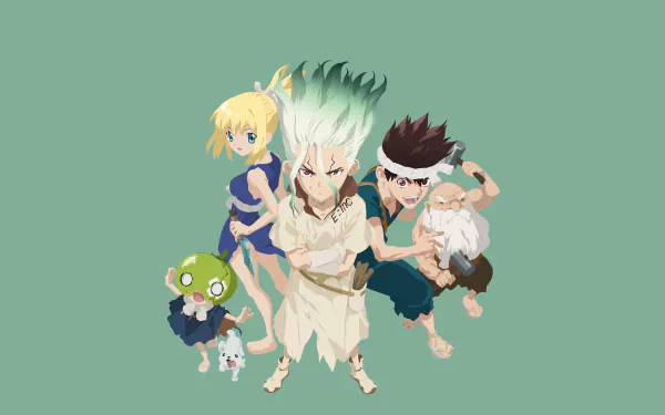 4K Ultra HD PC desktop wallpaper featuring Senku Ishigami, Kaseki, Chrome, Suika, and Kohaku from the anime Dr. Stone.