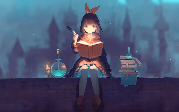Anime-style wallpaper featuring a character with black hair and grey eyes, holding a magical book and feathered quill, with a mystical potion next to her, set against a forest backdrop.