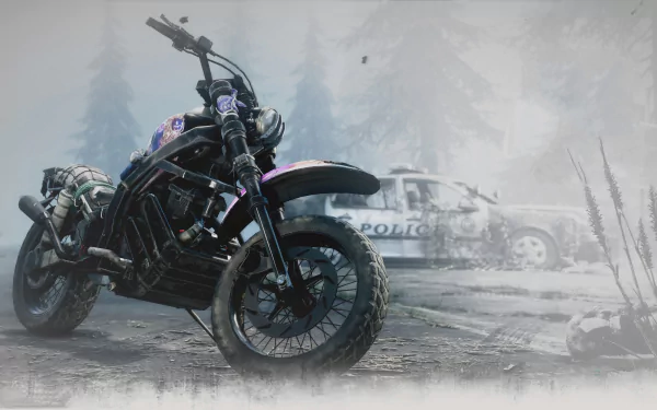 4K Ultra HD PC wallpaper featuring a detailed motorcycle from the video game Days Gone, set against a foggy, post-apocalyptic background with a police car in the distance.