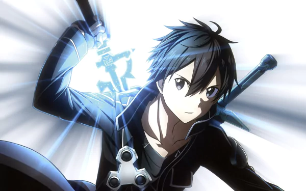 HD PC desktop wallpaper featuring Kazuto Kirigaya, also known as Kirito, from the anime Sword Art Online in a dynamic action pose.