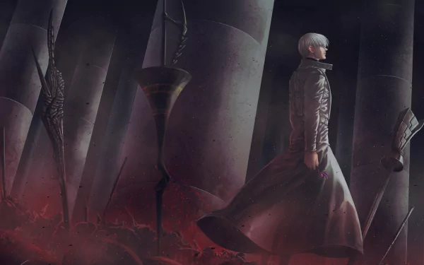 HD PC desktop wallpaper of Kishou Arima from Tokyo Ghoul:re, featuring him standing confidently amidst dark, towering pillars with a moody, atmospheric background.
