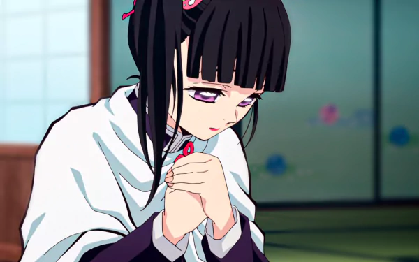 HD desktop wallpaper featuring an anime character from Demon Slayer: Kimetsu no Yaiba, showing a girl with black hair and violet eyes, looking down thoughtfully with hands clasped.