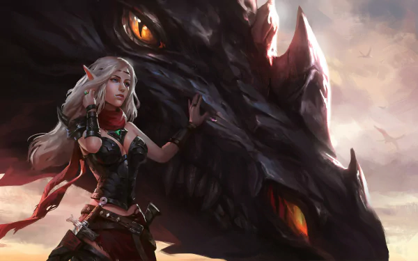 A blonde elf woman warrior with pointed ears stands confidently beside a massive dragon, set against a dramatic fantasy sky in 4K Ultra HD.