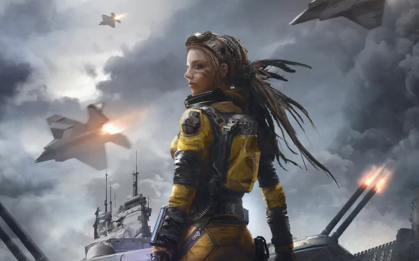 A fierce woman warrior with dreadlocks stands on a futuristic battlefield as jet fighters soar through a stormy sci-fi sky in this 4K Ultra HD desktop wallpaper.