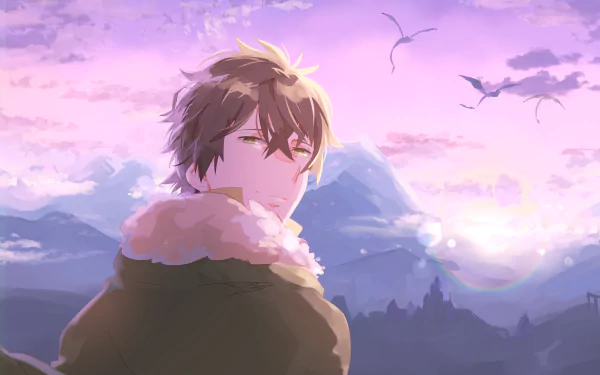 4K Ultra HD anime wallpaper featuring Naofumi Iwatani from The Rising of the Shield Hero against a serene mountain and sunset background.
