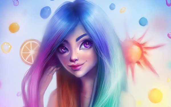 Fantasy Women Face Purple Eyes Colors Blue Hair HD Wallpaper | Background Image
