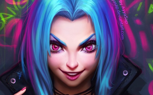 Video Game League Of Legends Jinx Face Blue Hair Pink Eyes HD Wallpaper | Background Image