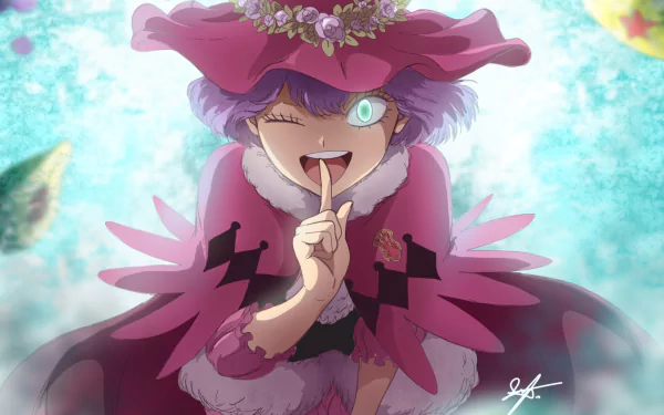 HD wallpaper featuring Dorothy Unsworth from the anime Black Clover, portrayed with purple hair, a magical eye, and a whimsical hat, set against a vibrant, colorful background.