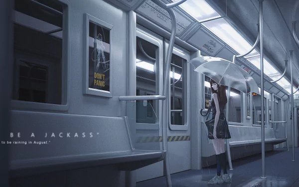 An anime girl in a school uniform stands sadly with an umbrella on an empty train, featured in a high-definition desktop wallpaper.