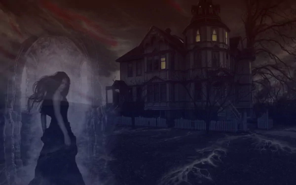 A dark, haunted house looms in the background, illuminated by eerie light. A ghostly figure in a flowing dress adds to the chilling atmosphere of this HD desktop wallpaper.