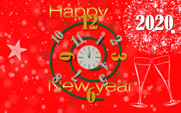 Bright red 4K Ultra HD New Year 2020 wallpaper featuring festive clock, fireworks, champagne glasses, and Happy New Year text celebrating the holiday.