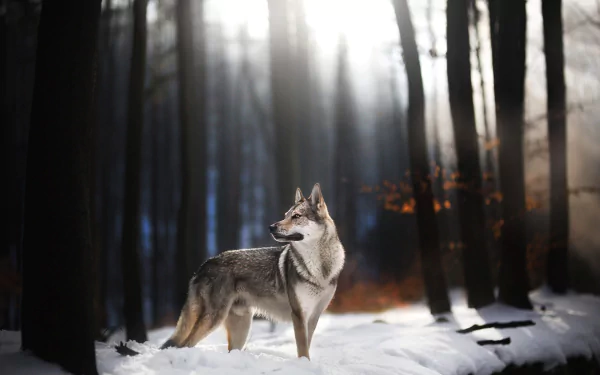 A Czechoslovakian wolfdog stands alert in a snowy forest, captured in HD for a striking PC desktop wallpaper and background.