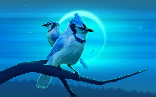 Two blue jays perched on a branch before a glowing teal moon — vivid animal/bird scene rendered as a 5K Ultra HD PC desktop wallpaper.