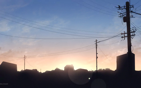 Anime-style 4K Ultra HD desktop wallpaper depicting a serene sunset with silhouetted buildings and power lines under a softly colored sky.