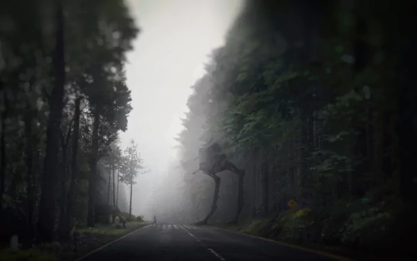 Foggy forest road with a looming AT-ST walker and a stormtrooper, blending Star Wars sci-fi elements into a dramatic HD PC desktop wallpaper background.