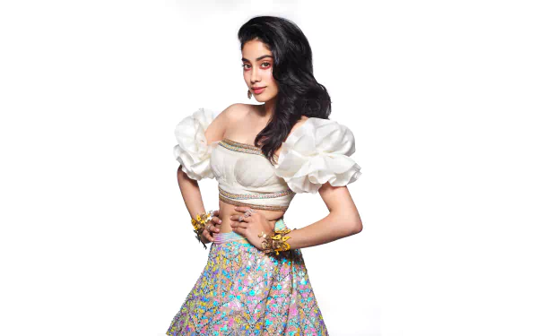 Portrait of Janhvi Kapoor, Indian Bollywood actress with black hair and brown eyes, dressed in a white puffed blouse and colorful skirt, showcased in 8K Ultra HD.