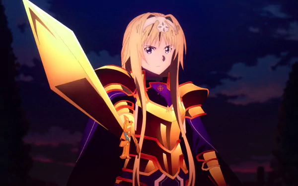 HD PC desktop wallpaper featuring Alice Zuberg in armor from Sword Art Online: Alicization - War of Underworld anime, showcasing bold colors and a dramatic night sky.