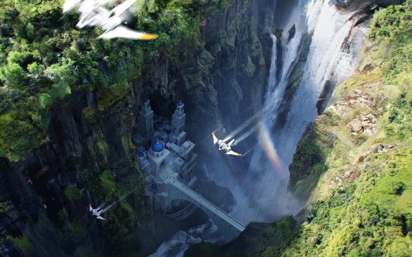 Fantasy City Bridge Waterfall HD Wallpaper | Background Image