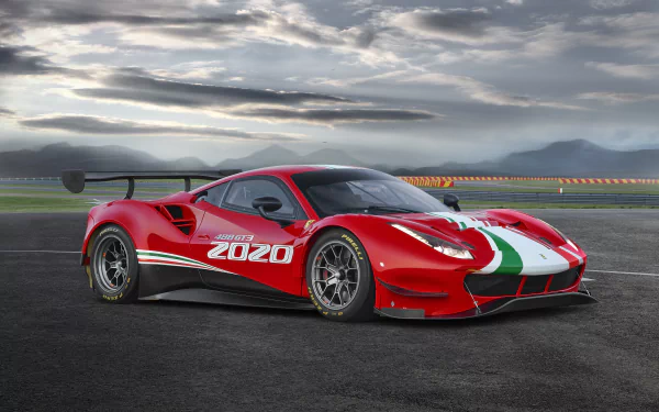 Red Ferrari 488 GT3 Evo supercar race car with Italian tricolour stripe and 2020 livery on a racetrack under dramatic clouds — 5K Ultra HD PC desktop wallpaper.