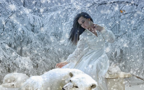 Fantasy Women Winter Snowfall Polar Bear HD Wallpaper | Background Image