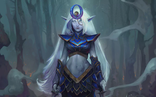 A white-haired, long-haired woman warrior with pointed ears stands in a dark fantasy forest, adorned in detailed blue and gold armor, rendered in 4K Ultra HD quality.
