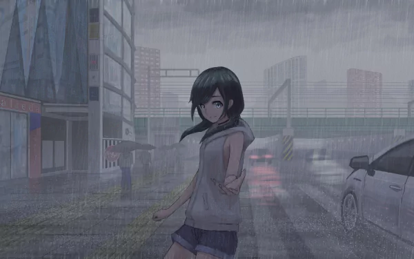 Hina Amano from the anime Weathering with You stands in the rain on a city street, captured in a high-definition PC desktop wallpaper.