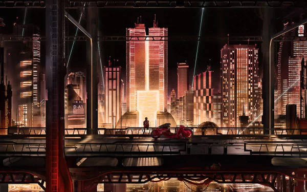 A cyberpunk cityscape at night with neon-lit skyscrapers, featuring a red bike on an elevated bridge, inspired by Akira and anime aesthetics in HD.