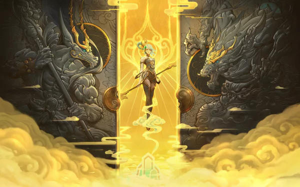 HD PC desktop wallpaper featuring Lux from the video game League of Legends, glowing with radiant light between two ancient dragon statues in a mystical setting.