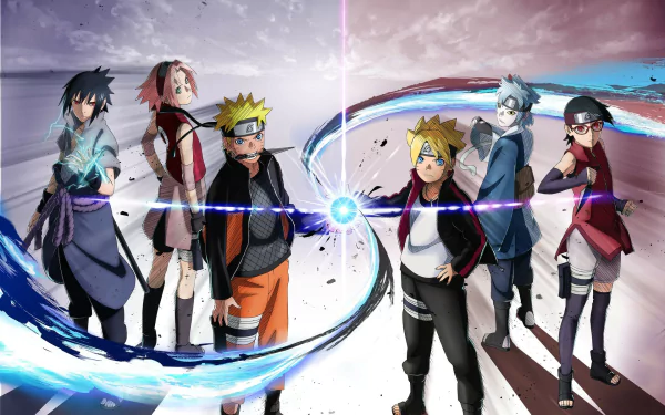 HD anime desktop wallpaper featuring Naruto Uzumaki, Sasuke Uchiha, Boruto, Sarada Uchiha, Mitsuki, and Sakura Haruno wielding Rasengan energy.