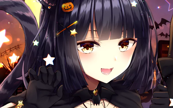 A Halloween-themed anime girl with dark hair, cat ears, and a mischievous smile. The background has Halloween decorations, including bats and pumpkins. This high-definition wallpaper exudes a festive, spooky atmosphere.