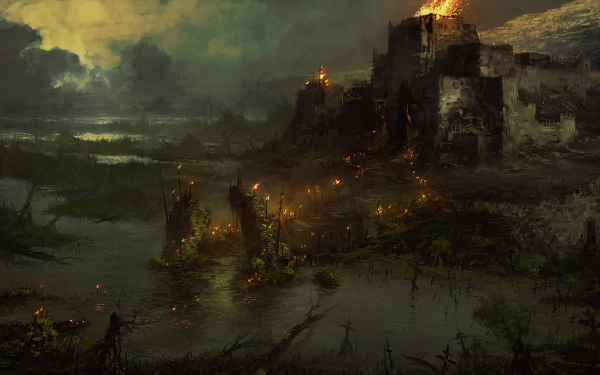 Dark, eerie townscape from Diablo IV, featuring burning structures and a swampy environment, rendered in high-definition for PC desktop wallpaper and background.