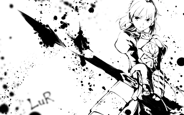 Black and white 4K Ultra HD anime wallpaper featuring Saber (Artoria Pendragon) from Fate/Stay Night, wielding her sword with ink splatter effects in the background.