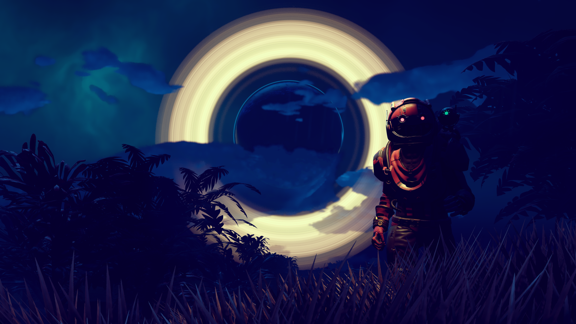 4K Ultra HD No Man's Sky desktop wallpaper featuring a space explorer standing in a dark alien landscape with a glowing ringed portal in the background.