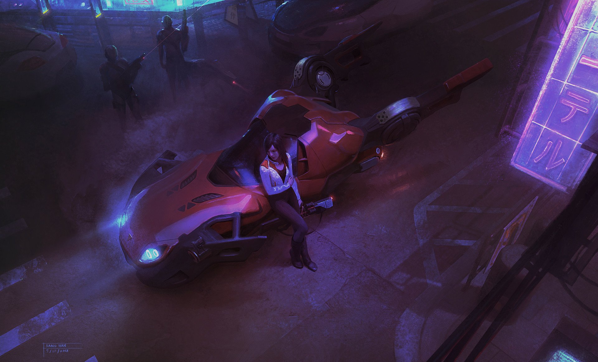 Futuristic cyberpunk scene featuring a sleek sci-fi vehicle parked on a neon-lit street, portrayed in high-definition as a dynamic PC desktop wallpaper backdrop.