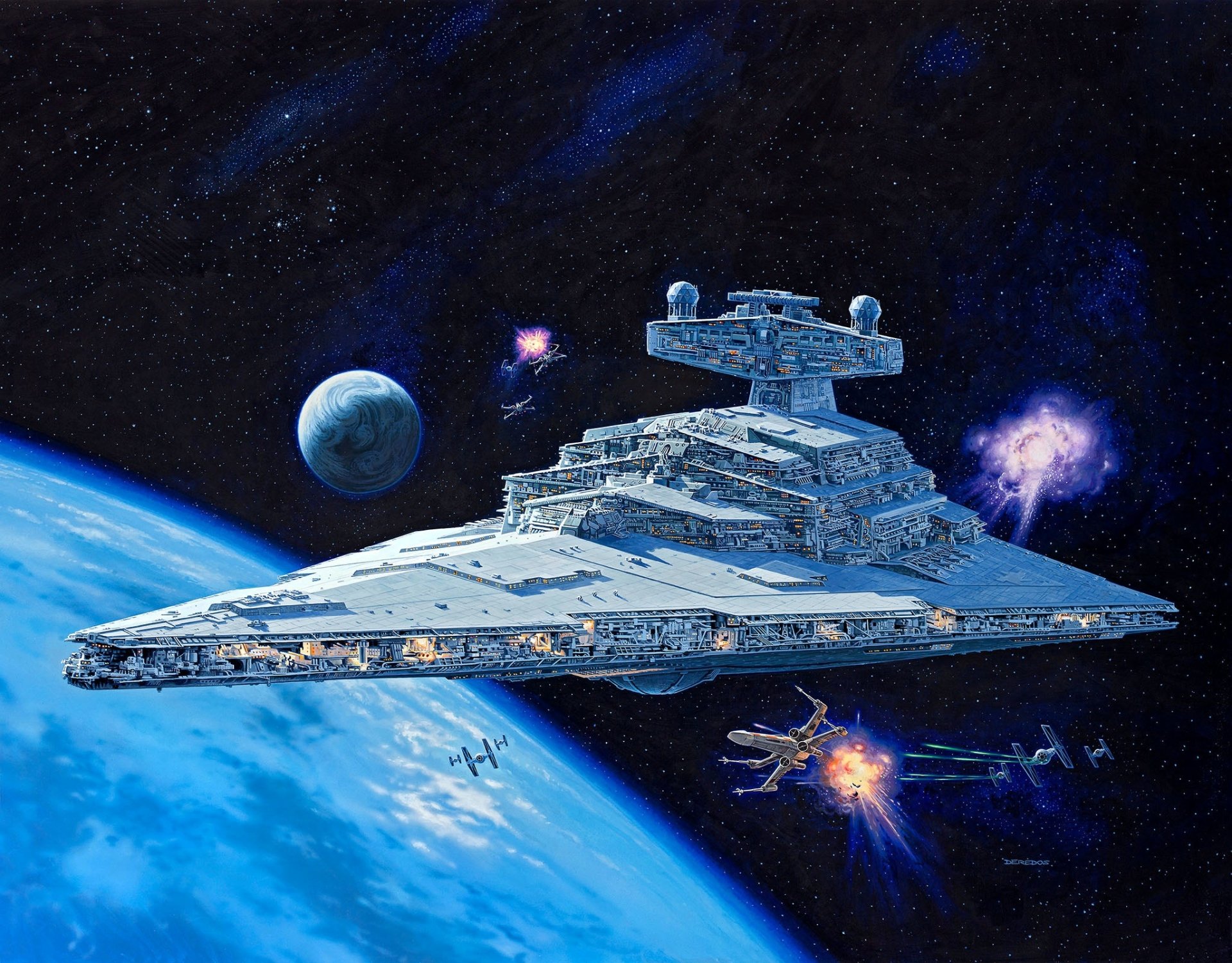 HD sci-fi Star Wars wallpaper featuring a Star Destroyer, X-Wing fighters, and TIE Fighters in space above a blue planet.